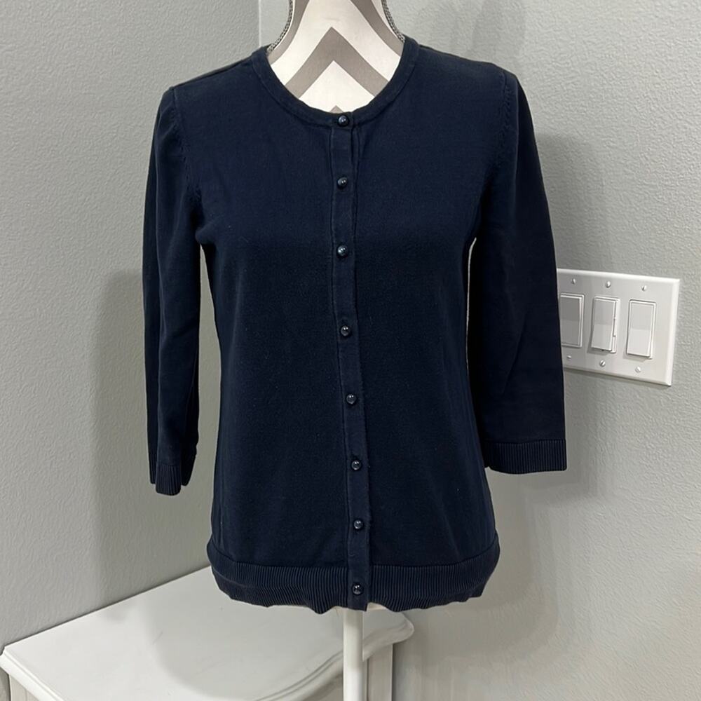 Loft Ann Taylor Cardigan button up 3/4 length sleeves dark blue size medium